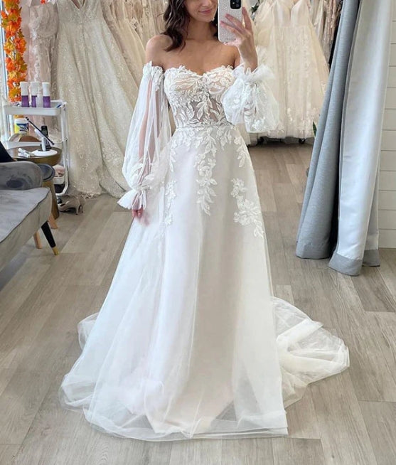 Luolandi Sweetheart A-Line Wedding Dresses With Long Sleeves Sweep Train Tulle Fabric And Appliques Lace Off Shoulder