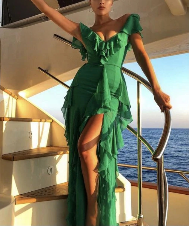 Luolandi Green V Neck Ruffle Elegant Long Party Dress with Slit Sexy Evening Dress
