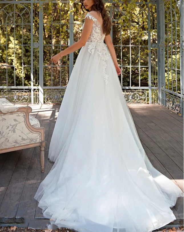 Luolandi A-Line Illusion Neck Lace Tulle Wedding Dresses With Appliques Lace And Slit Elegant