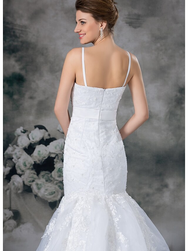 Luolandi Wedding Dresses Sweetheart Neckline Chapel Train Lace Organza Satin Spaghetti Strap with Sashes Ribbons Bow(s)