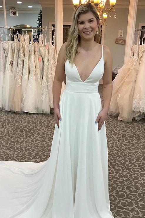 Luolandi A-Line Spaghetti Straps Long Wedding Dress with Beading V-neck Sexy