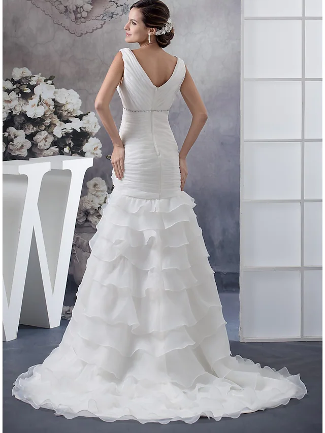 Luolandi Wedding Dresses V Neck Chapel Train Organza Regular Straps with Ruched Beading Cascading