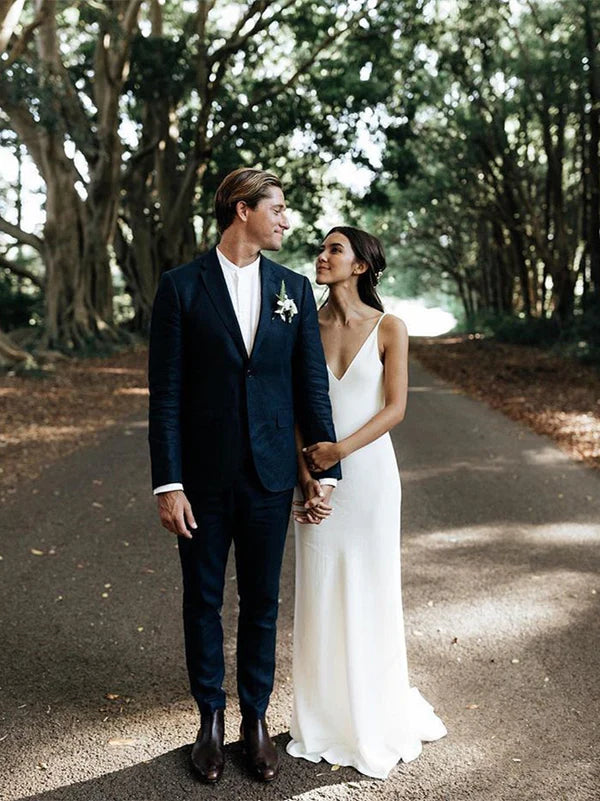 Luolandi Simple Spaghetti Straps Satin Sheath Wedding Dresses With Sweep Train Solid Color Bridal Gown