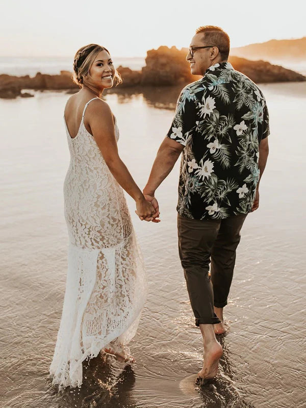 Luolandi Simple Illusion Lace Spaghetti Straps V-Neck Floor Length Sheath Wedding Dress Beautiful