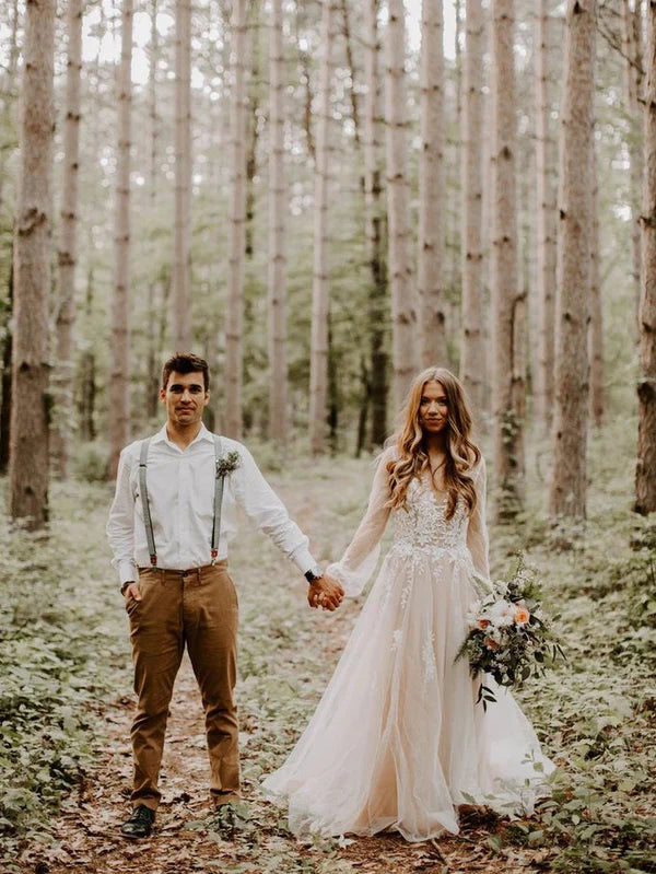 Luolandi Dreamy Long Sleeves A-line Wedding Dresses Applique Tulle Backless Bridal Gowns Charming