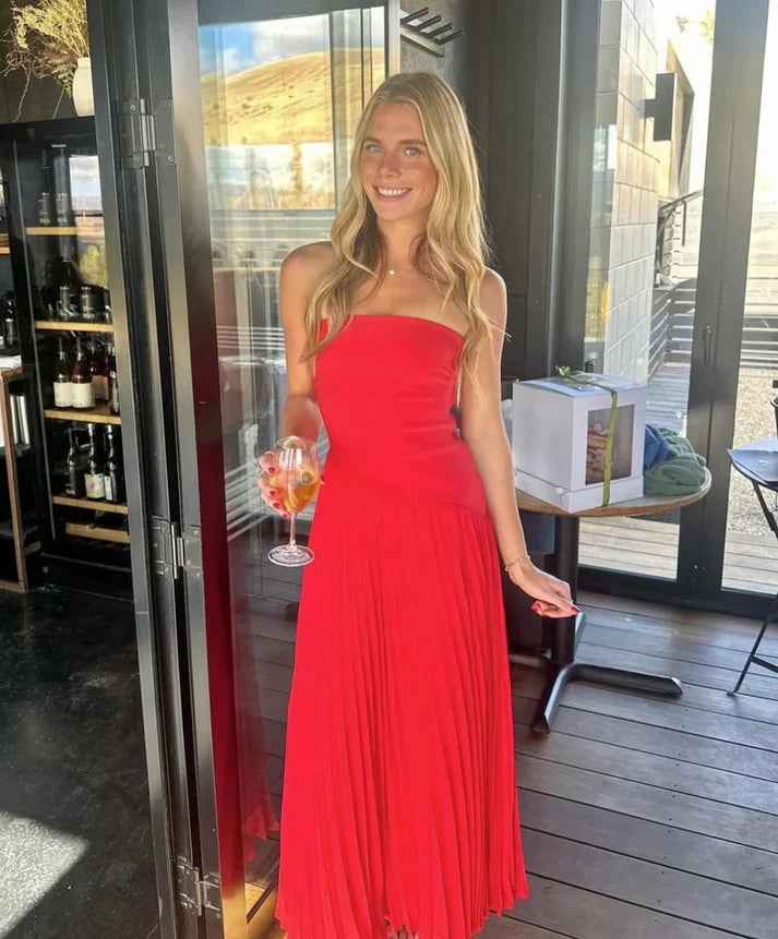 Luolandi Red Strapless A-Line Pleated Simple Long Party Dress Off Shoulder Evening Dress