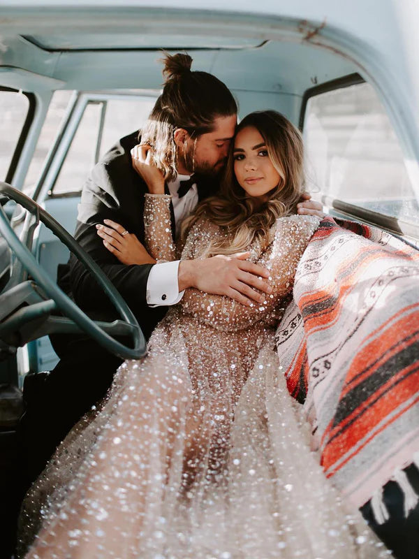 Luolandi Shining Wedding Dresses Illusion Long A-line Bridal Gowns Long Sleeves Floor Length Charming