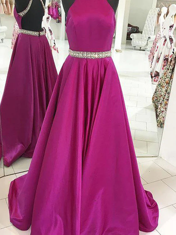Luolandi Popular Satin Jewel Neckline Backless Sweep Train A-line Prom Dresses With Rhinestones Evening Dresses