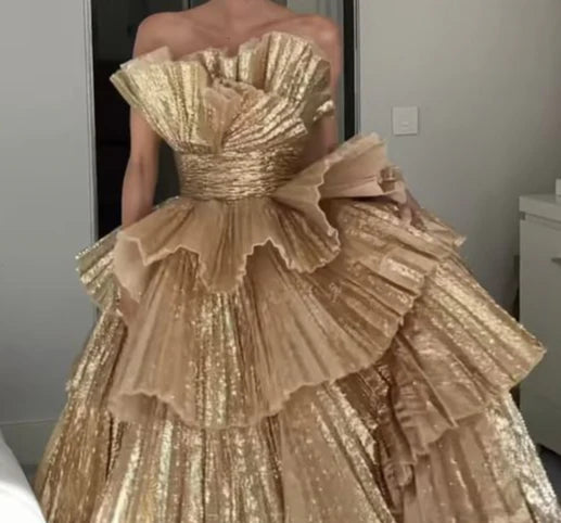 Luolandi Stylish Golden Tiered Ball Gown Long Evening Party Dress Off Shoulder Prom Dresses Charming