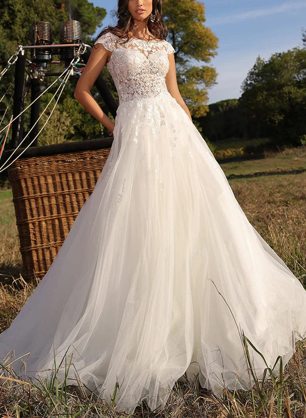 Luolandi Illusion Neck A-Line Sleeveless Sweep Train Tulle Wedding Dresses With Lace Floor Length