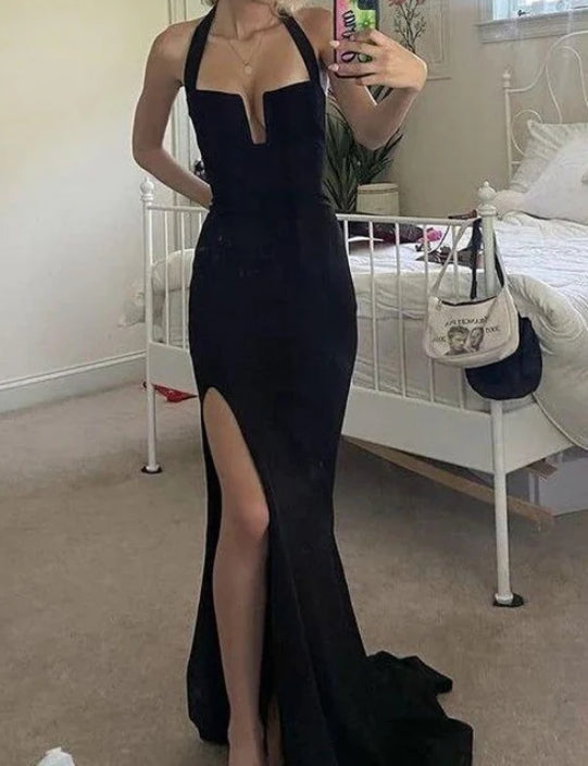 Luolandi Sexy Black Halter Mermaid Long Evening Party Dress with Split Formal Dress