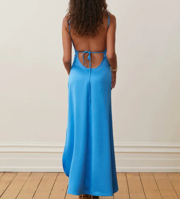 Luolandi Blue V Neck Spaghetti Straps Long Party Dress with Slit Sexy Evening Dress