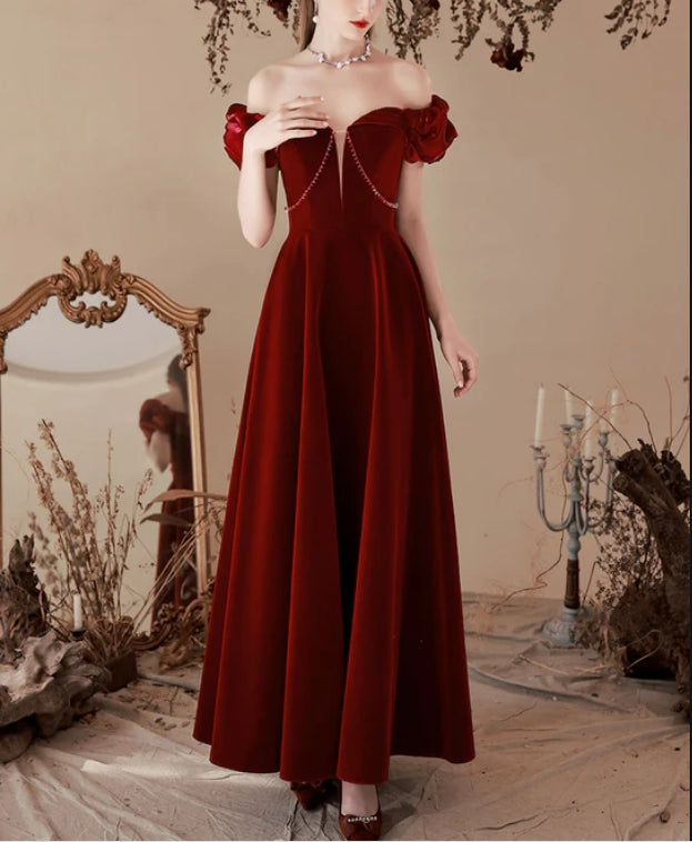 Luolandi Wine Red Velvet Beaded Off Shoulder Sweetheart Prom Dress Bridesmaid Dress Elegant Evening Dress