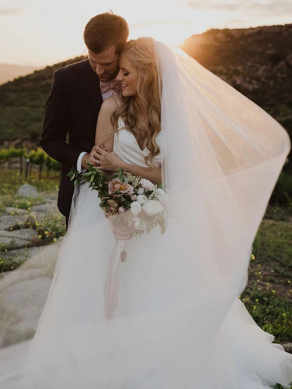 Luolandi Simple Tulle Spaghetti Straps V-Neck A-line Sweep Train Wedding Dresses Beautiful