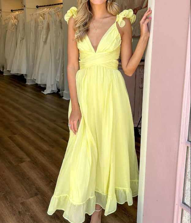Luolandi Yellow Lace-Up Plinging V-Neck A-Line Cute Prom Dress Charming Party Dress Formal Dress