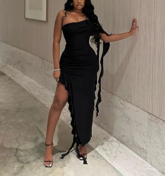 Luolandi One Shoulder Asymmetrical Prom Dress Black Girl Party Dress Charming Evening Dress