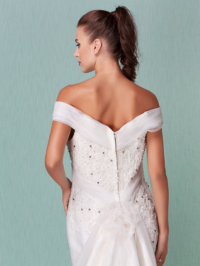 Luolandi Wedding Dresses Off Shoulder Chapel Train Organza Short Sleeve with Beading Appliques Crystal