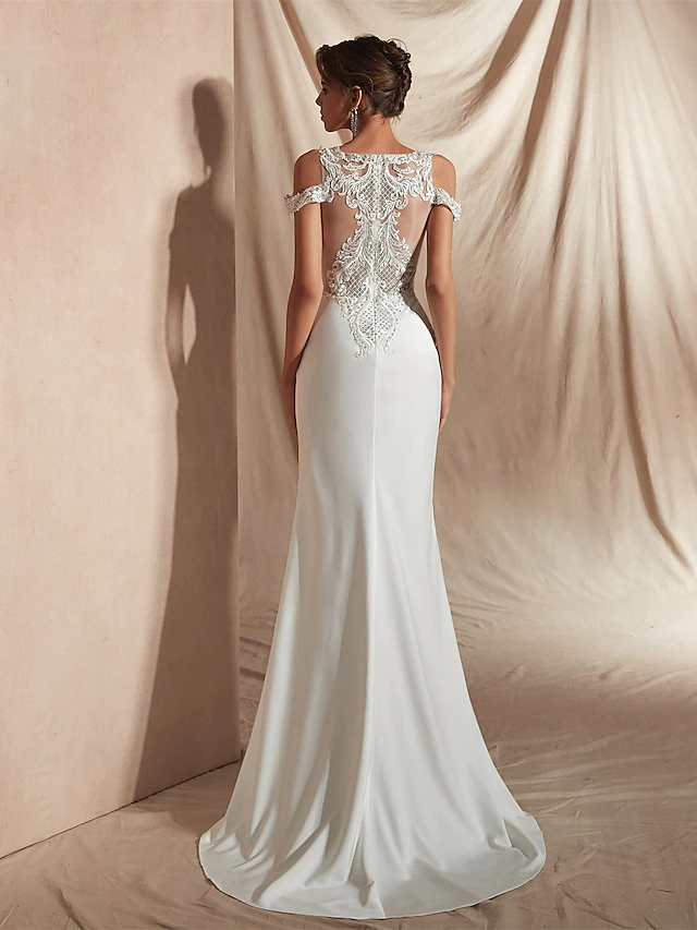 Luolandi Mermaid Trumpet Wedding Dresses V Neck Asymmetrical Matte Satin Short Sleeve Casual Sexy Illusion Detail Modern