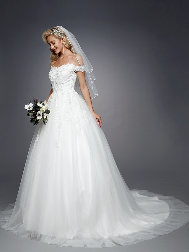 Luolandi Ball Gown Wedding Dresses Off Shoulder Court Train Lace Tulle Short Sleeve Romantic Sparkle & Shine with Beading