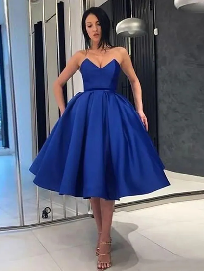 A-Line Minimalist Elegant Party Wear Cocktail Party Dress Strapless Sleeveless Knee Length Satin