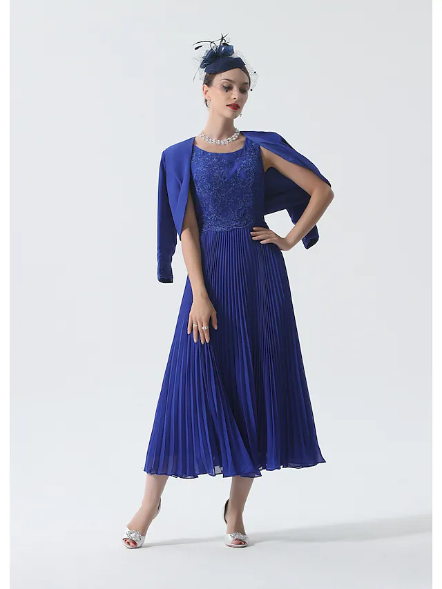 Luolandi Two Piece Mother of the Bride Dress Elegant & Luxurious Wrap Included Scoop Neck Tea Length Chiffon 3/4 Length Sleeve with Lace