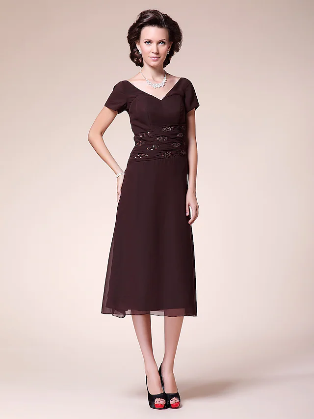 Luolandi Ball Gown Cocktail Party Wedding Party Dress V Neck Short Sleeve Tea Length Chiffon with Ruched