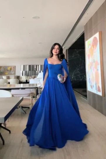 Luolandi Royal Blue Cape Sleeves A-Line Long Formal Prom Dress Evening Gown Elegant