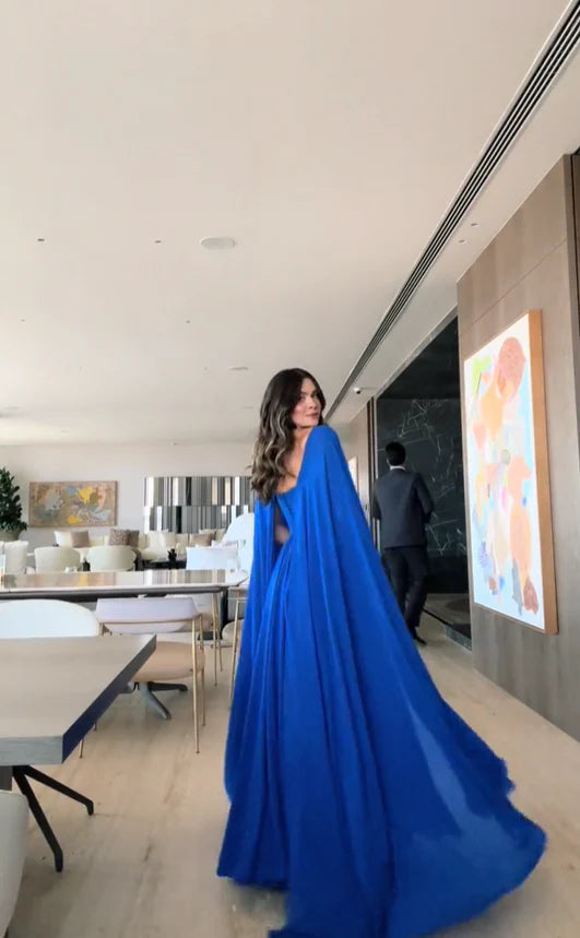 Luolandi Royal Blue Cape Sleeves A-Line Long Formal Prom Dress Evening Gown Elegant
