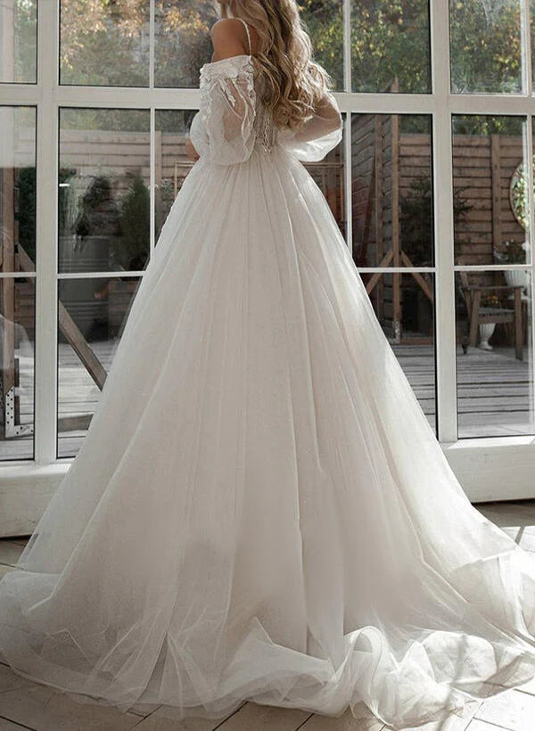 Luolandi Sweetheart Tulle Lace Sweep Train Wedding Dresses With Lace A Line Floor Length Elegant
