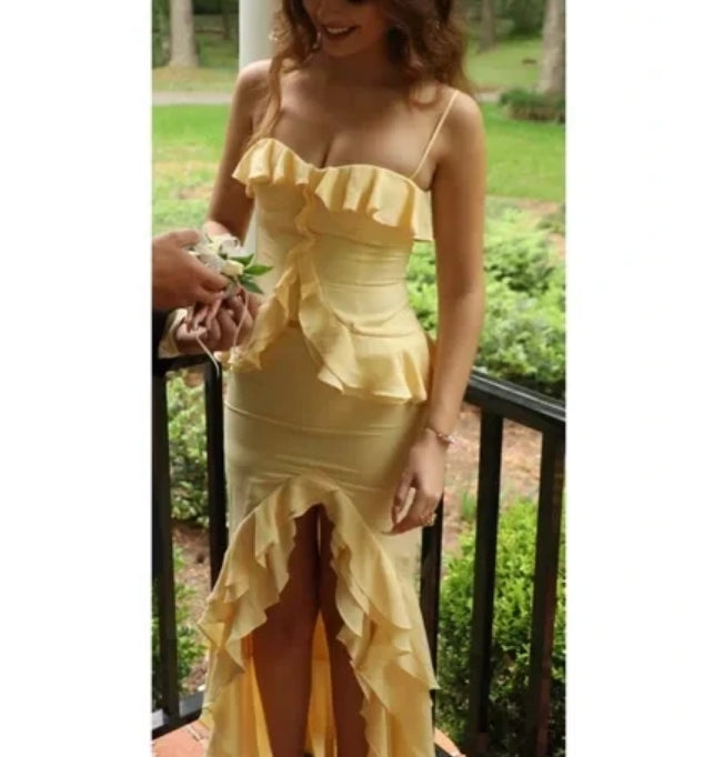 Luolandi Yellow Spaghetti Straps Sheath Ruffle Party Dress Wedding Guest Dress Charming