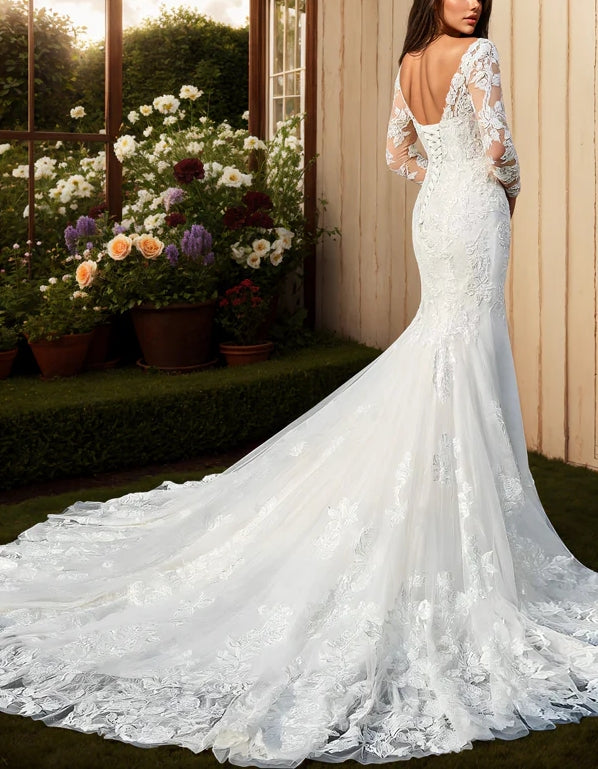 Luolandi Trumpet/Mermaid V-Neck Long Sleeves Sweep Train Lace Wedding Dresses with Appliques
