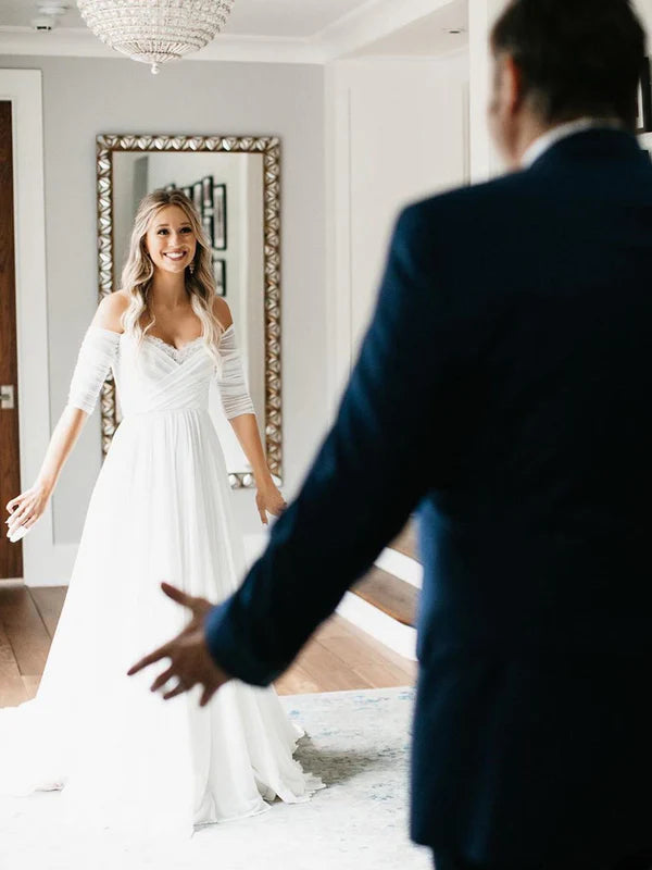 Luolandi Unique Chiffon Sweetheart Off-The-Shoulder Bridal Gowns A-line Wedding Dresses Elegant