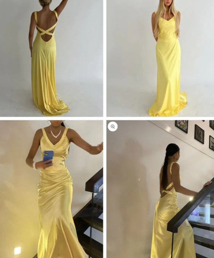 Luolandi Yellow V Neck Backless Mermaid Long Party Dress Sexy Evening Dress Formal Dress