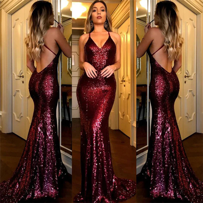 Luolandi Sequin Backless Burgundy Evening Dress Floor Length Sparkly Party Dress december wedding guest dress