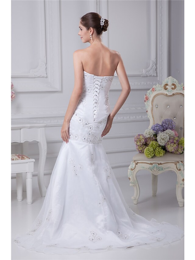 Luolandi Wedding Dresses Strapless Chapel Train Organza Satin Strapless with Beading