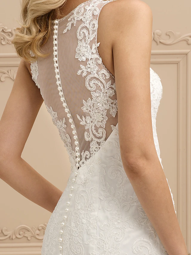 Luolandi Wedding Dresses Bateau Neck All Over Lace Regular Straps Sexy Illusion Detail Backless with Beading