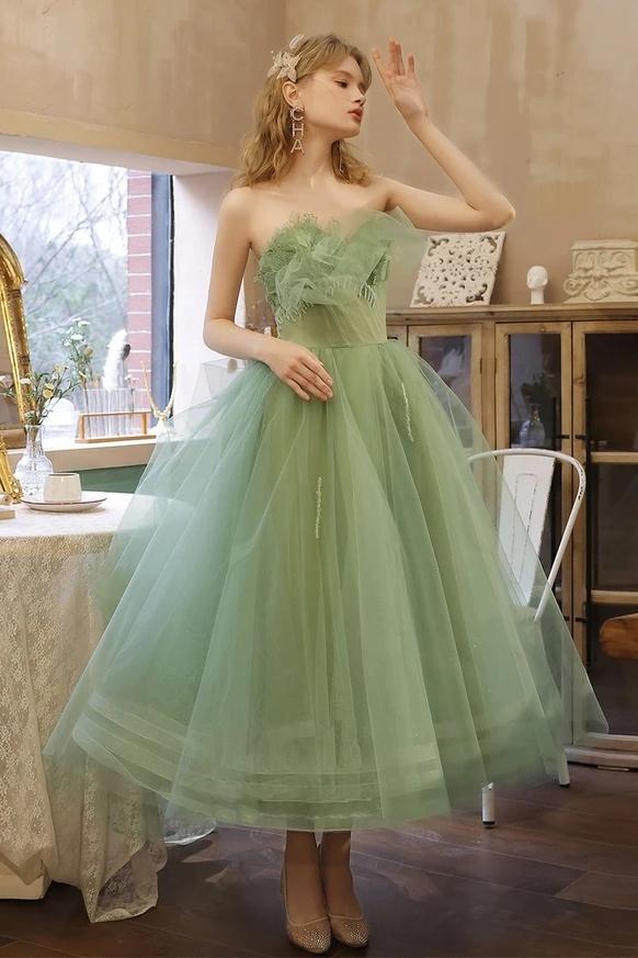 Luolandi Charming Strapless Ruffles Tea Length Lace Up Tulle Homecoming Dress Short Prom Dresses Beautiful