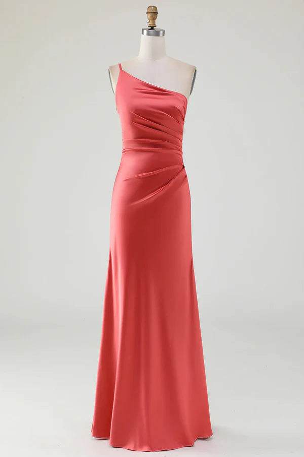 Luolandi Red earth one shoulder ground pleated satin bridesmaid dress Floor Length