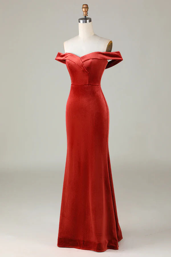 Luolandi Velvet Off Shoulder Crimson Bridesmaid Dress Solid Color Floor Length Evening Dress