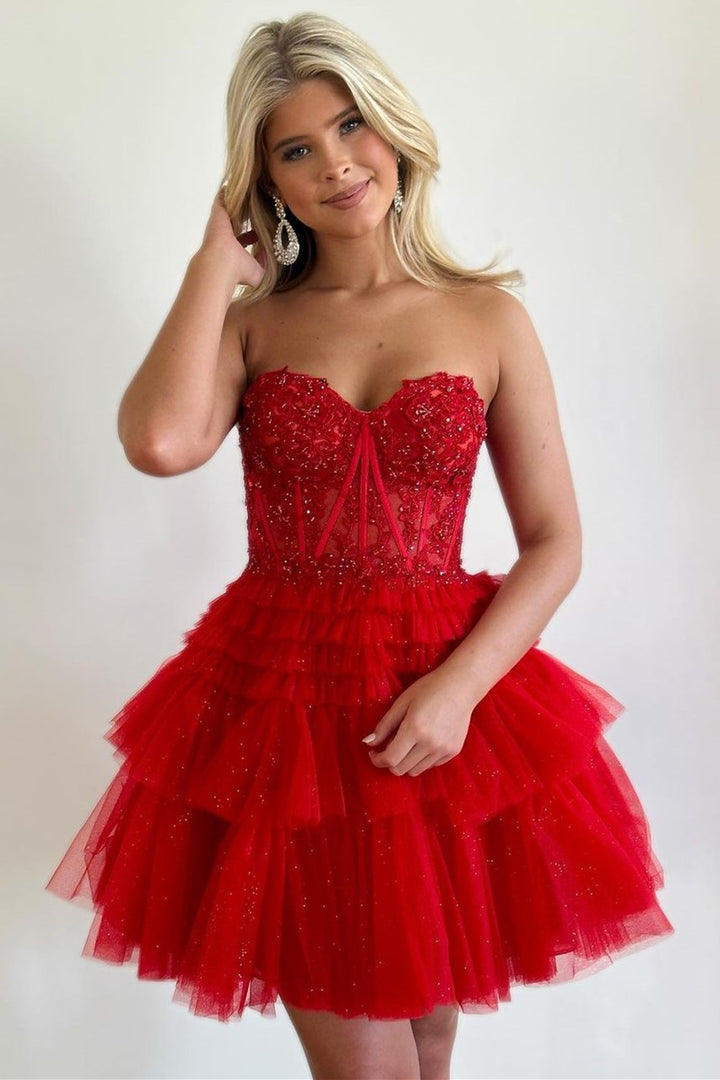 Luolandi Cute A Line Tiered Sweetheart Tulle Short Homecoming Dresses with Ruffles Beautiful Graduation Dress