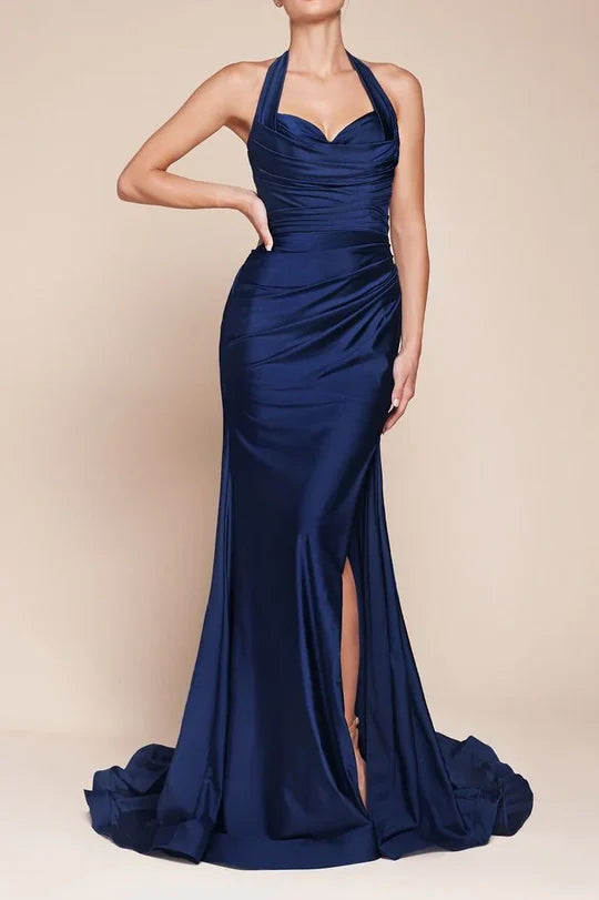 Luolandi Dress Elegant Halter Ruched Long Bridesmaid Dress With Slit Charming Evening Party Dress