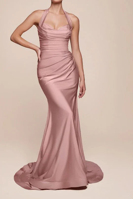 Luolandi Dress Elegant Halter Ruched Long Bridesmaid Dress With Slit Charming Evening Party Dress