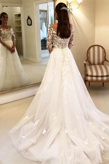 Luolandi Elegant Illusion Neck Long Sleeves Tulle Wedding Dress with Appliques Bride Dress Beautiful