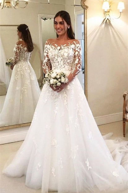 Luolandi Elegant Illusion Neck Long Sleeves Tulle Wedding Dress with Appliques Bride Dress Beautiful