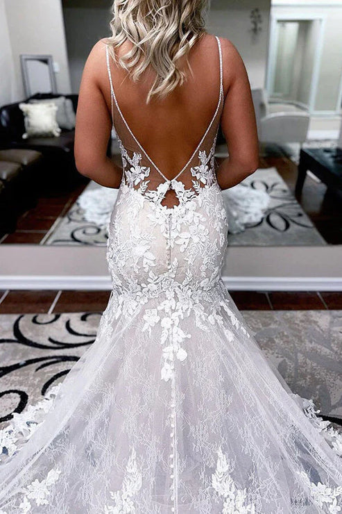 Luolandi Ivory Lace Mermaid Backless Long Wedding Dress Open Back Beautiful