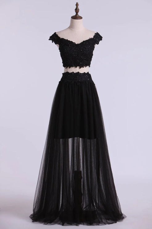 Luolandi Two Pieces Party Dresses Tulle A Line With Applique Sexy Evening Dress