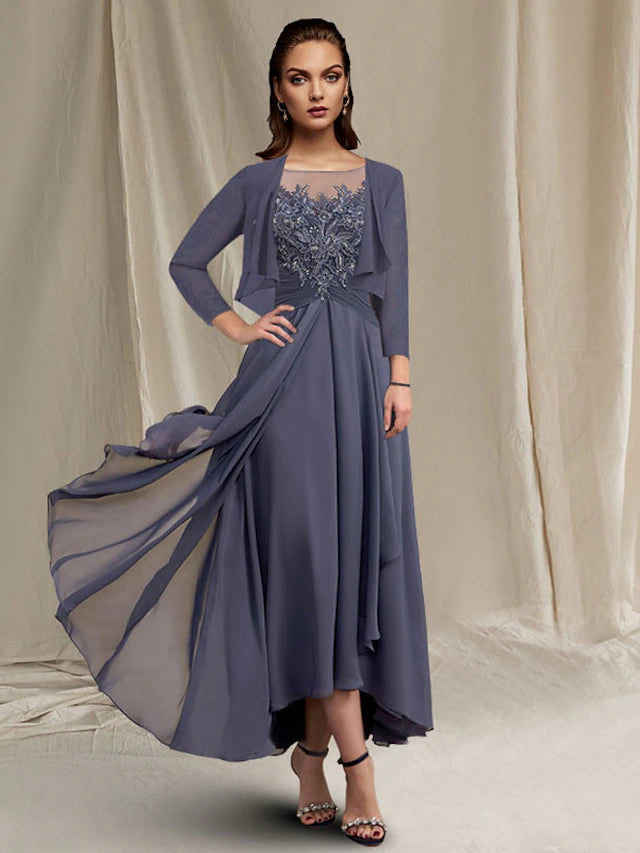 Luolandi Two Piece A-Line Mother of the Bride Dress Elegant High Low Jewel Neck Asymmetrical Tea Length Chiffon Lace 3/4 Length Sleeve Wrap Included with Appliques