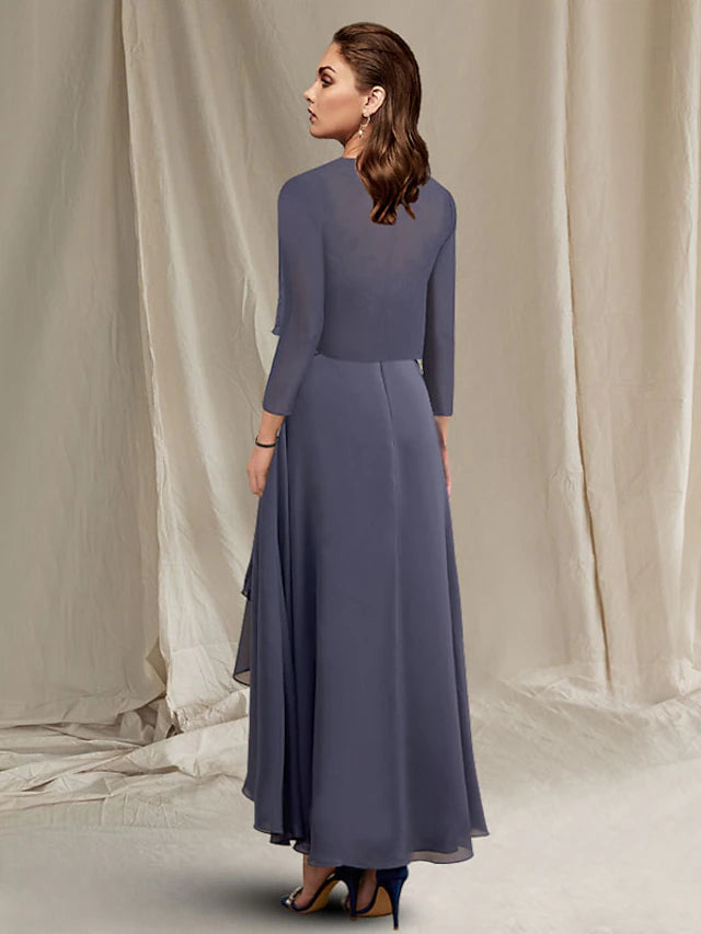 Luolandi Two Piece A-Line Mother of the Bride Dress Elegant High Low Jewel Neck Asymmetrical Tea Length Chiffon Lace 3/4 Length Sleeve Wrap Included with Appliques