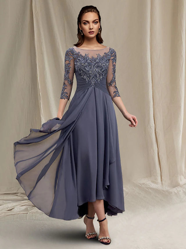 Luolandi Two Piece A-Line Mother of the Bride Dress Elegant High Low Jewel Neck Asymmetrical Tea Length Chiffon Lace 3/4 Length Sleeve Wrap Included with Appliques