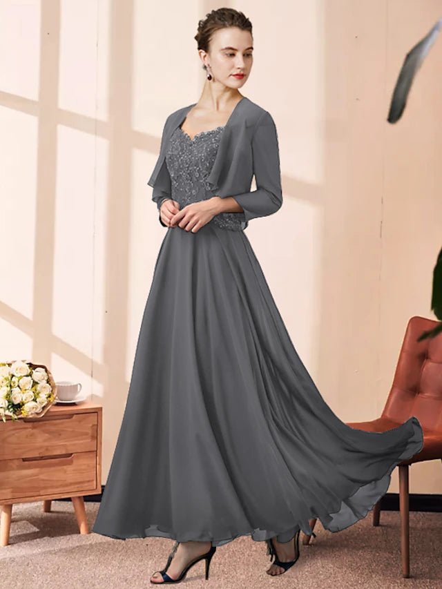 Luolandi Two Piece A-Line Mother of the Bride Dress Elegant V Neck Ankle Length Chiffon Lace Sleeveless with Pleats